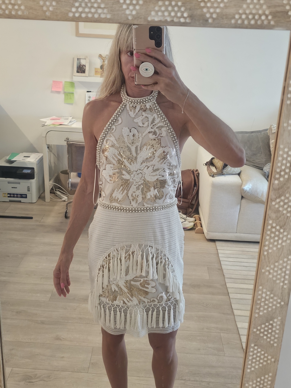 12th TRIBE Like Gold dust White SEQUIN fringe Dress Sz L - Picture 14 of 16